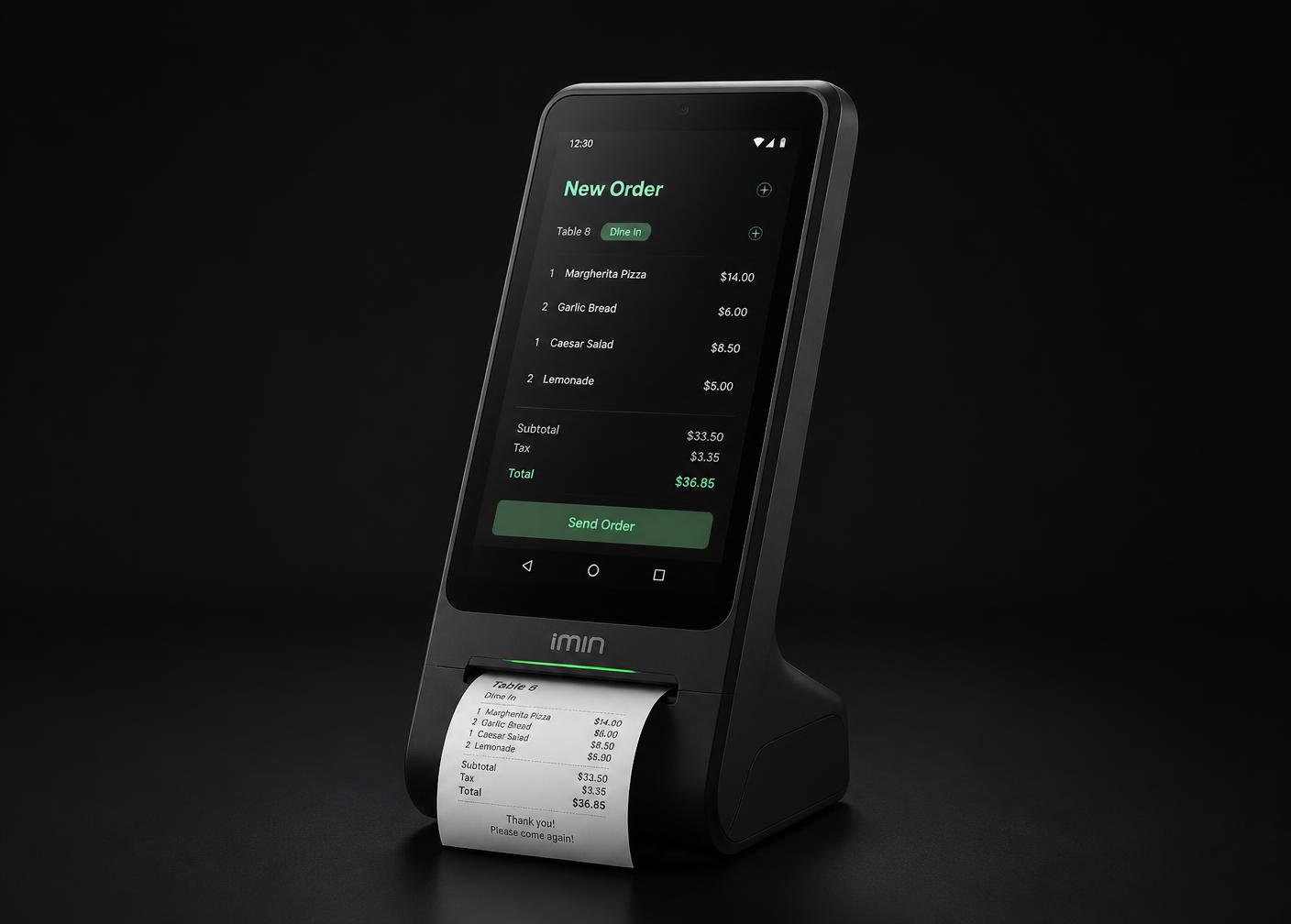 Taysti Terminal med indbygget printer på mørk baggrund
